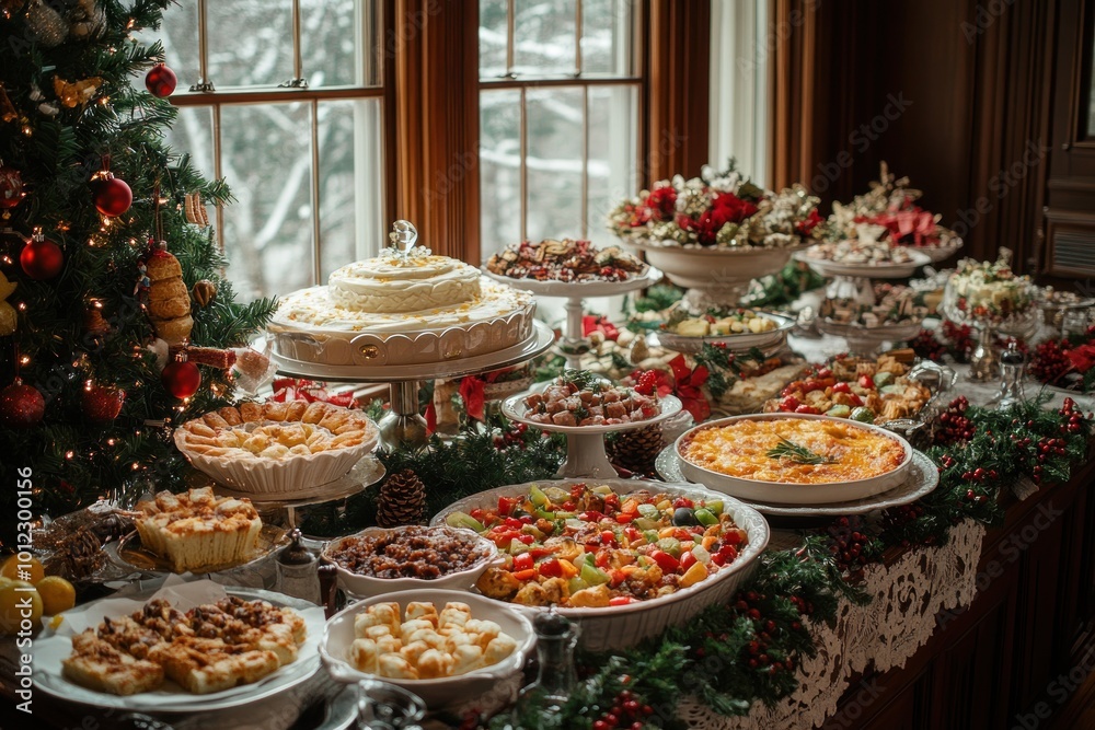 A festive Christmas buffet table with a variety of delicious food. A festive Christmas buffet table with a variety of delicious food.