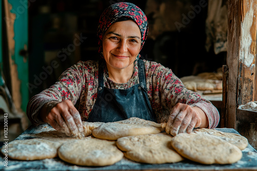 Middle aged Arab woman preparing traditional food - Tabun bread or flatbread. Close up of Arab woman's hands baking fresh dough for Tabun bread or Laffa. Rural women lifestyle photo