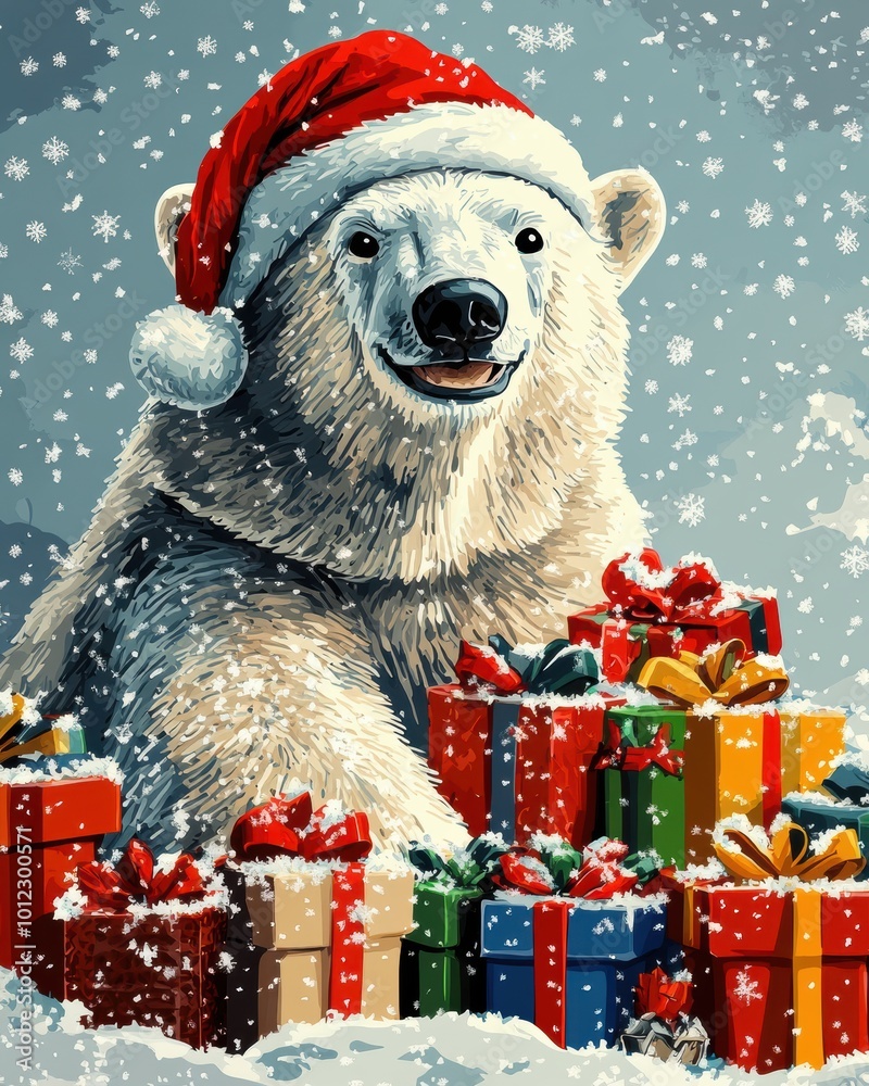 Festive Polar Bear in Snow Wearing Santa Hat, Surrounded by Colorful Christmas Presents, Celebrating the Magic of Winter Holidays Festive Polar Bear in Snow Wearing Santa Hat, Surrounded by Colorful Christmas Presents, Celebrating the Magic of Winter Holidays