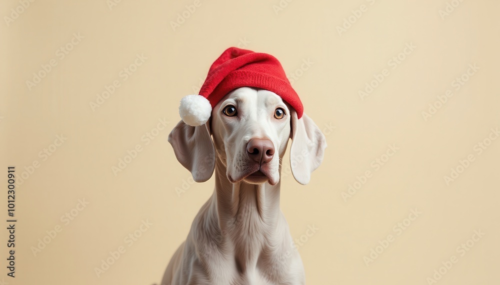 Masterpiece happy Weimaraner dog with Christmas cap on a right side of a cream color background looking in camera, only top of body, detailed