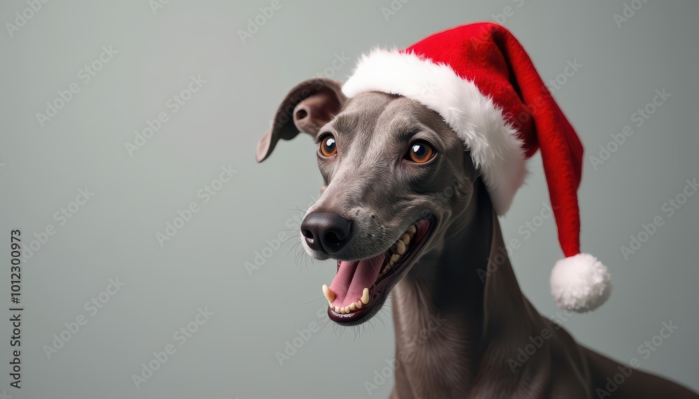 Masterpiece happy Whippet dog with Christmas cap on a right side of a platinum color background looking in camera, only top of body, detailed Masterpiece happy Whippet dog with Christmas cap on a right side of a platinum color background looking in camera, only top of body, detailed