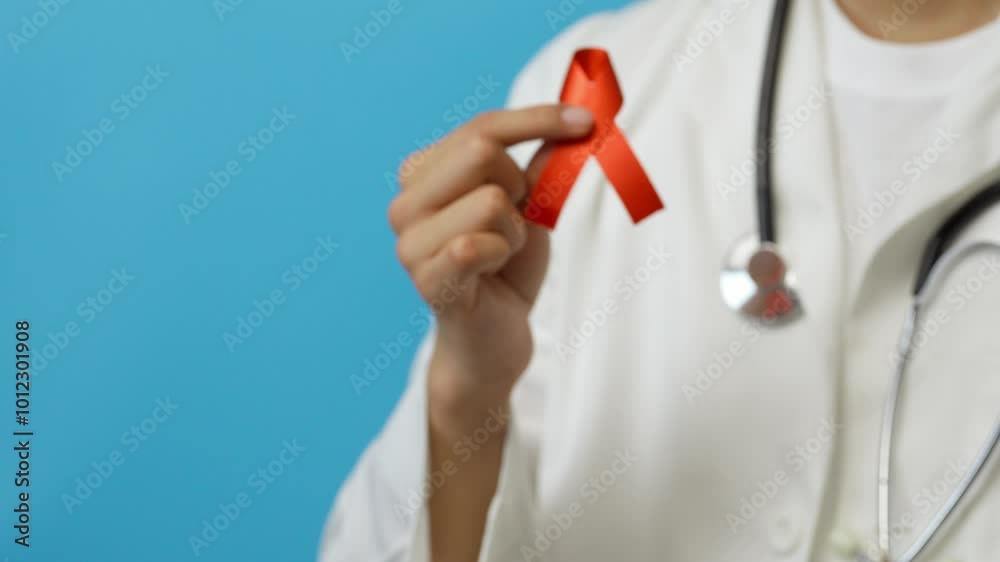 Young male doctor shows a red ribbon, symbol of the fight against VIH/SIDA, against drugs, blue background Young male doctor shows a red ribbon, symbol of the fight against VIH/SIDA, against drugs, blue background