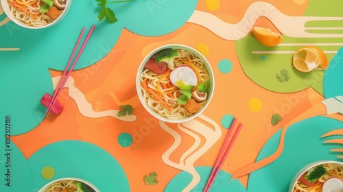 Colorful noodles and fresh ingredients on a vibrant table