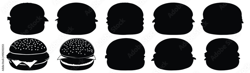 Hamburger silhouette set vector design big pack of food illustration and icon Hamburger silhouette set vector design big pack of food illustration and icon