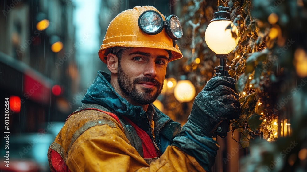 A young electrician in a yellow hard hat and rain jacket works on street lights in a rainy urban setting. A young electrician in a yellow hard hat and rain jacket works on street lights in a rainy urban setting.