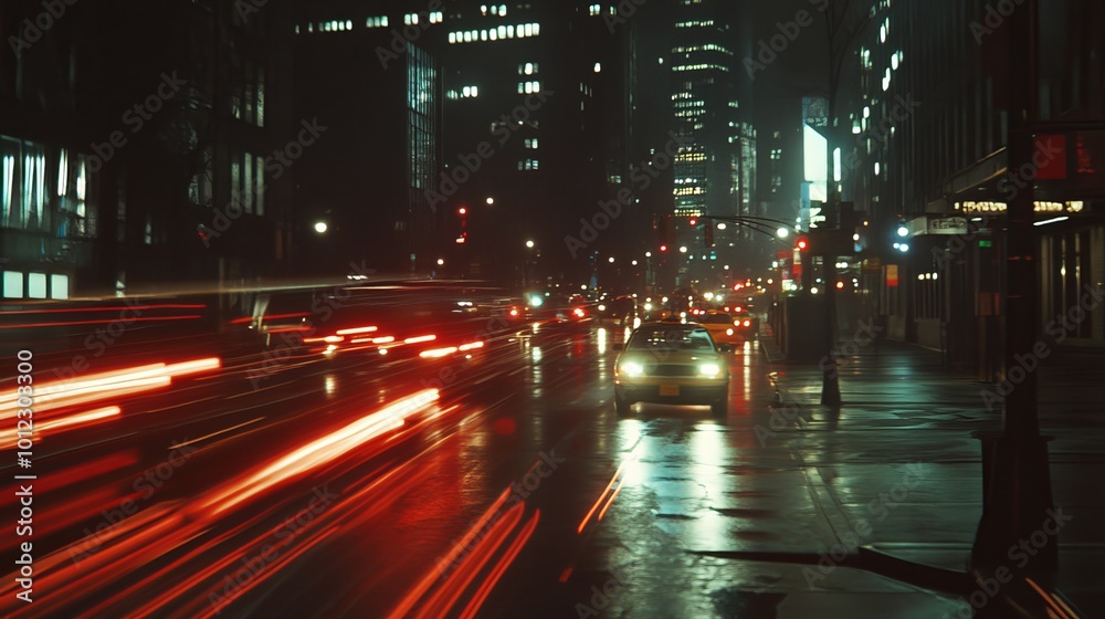 An indistinct cityscape at night, illuminated by the soft glow of countless headlights from vehicles passing by. The scene evokes a sense of urban anonymity An indistinct cityscape at night, illuminated by the soft glow of countless headlights from vehicles passing by. The scene evokes a sense of urban anonymity