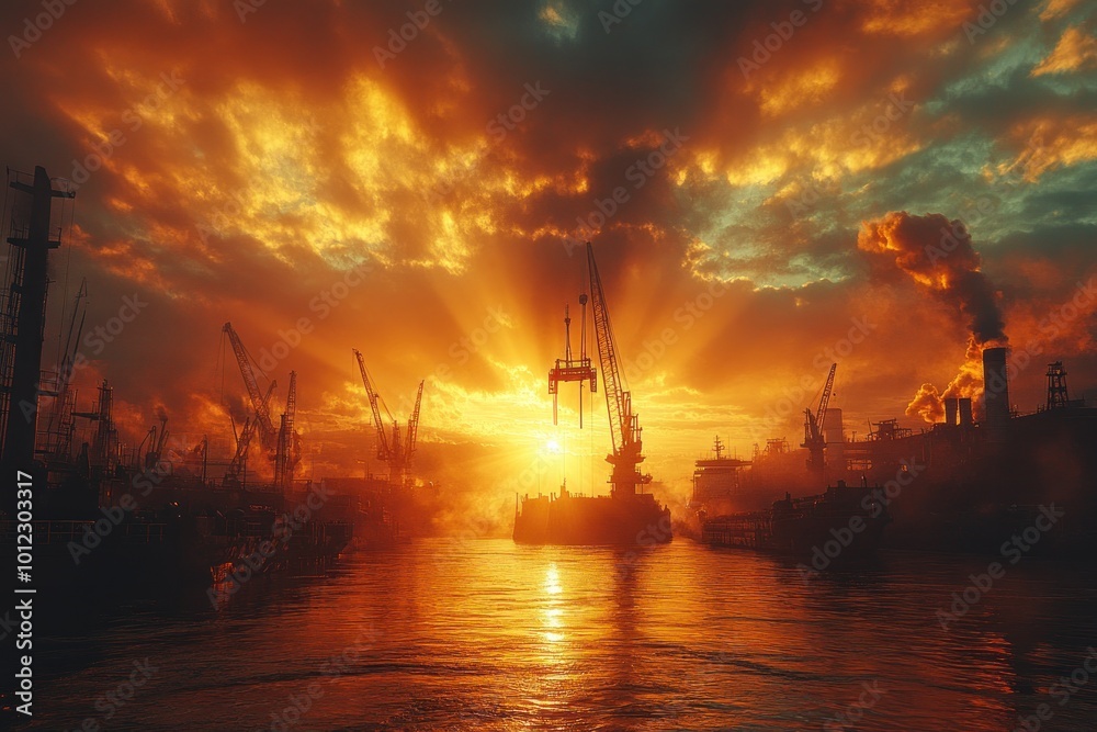 A silhouette of a harbor with cranes and ships against a fiery sunset. A silhouette of a harbor with cranes and ships against a fiery sunset.