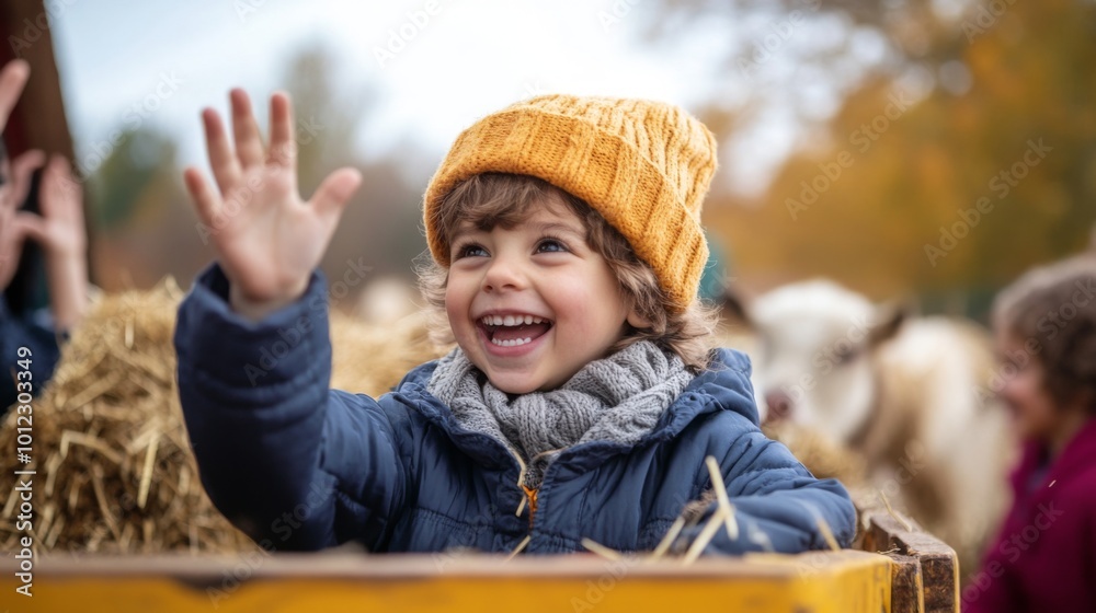 Happy Young Boy in Yellow Knit Hat Waving from a Hay Wagon Happy Young Boy in Yellow Knit Hat Waving from a Hay Wagon
