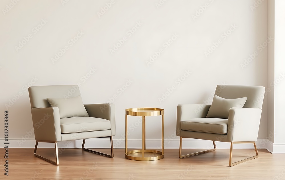 Fototapeta premium Modern interior with armchairs and brass side table against wall background. Minimalist home design.