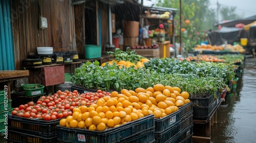 A vibrant display of fresh produce at an outdoor market, showcasing yellow and red tomatoes in plastic crates.