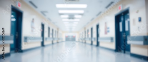 Blurred background of a hospital corridor with empty space, light and airy atmosphere, white colors, low depth of field creating blurred imagery and blurred focus.	

