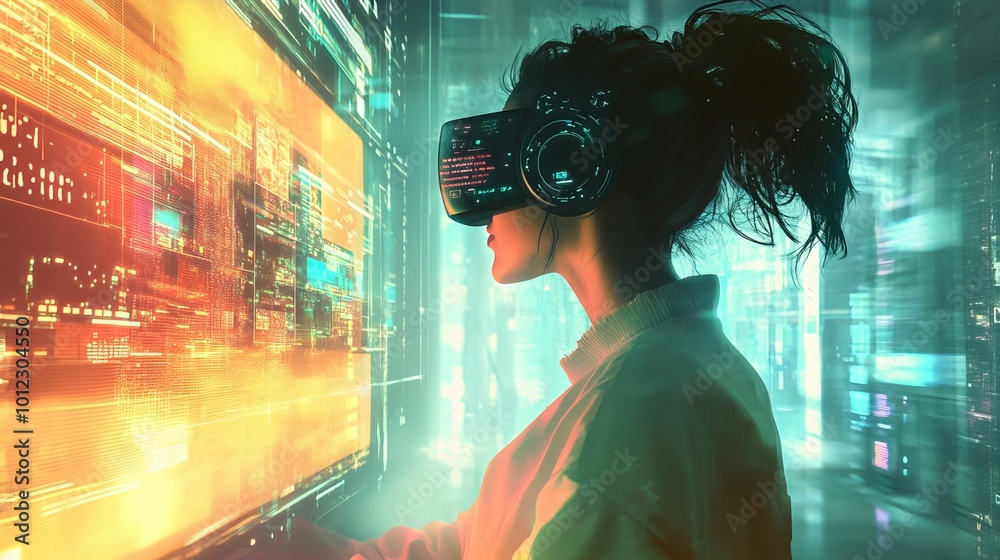 Digitalization encompasses internet connectivity, data analysis, digital marketing, and IoT. A woman navigates the metaverse on her advanced computer
