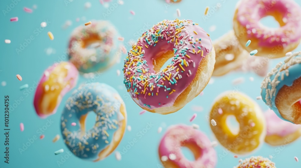 Frosted donuts with vibrant toppings spinning through the air generative ai Frosted donuts with vibrant toppings spinning through the air generative ai