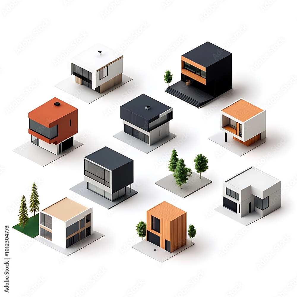 Set of isometric modern house icons. Low poly style. Architecture, real estate, urban design concept Set of isometric modern house icons. Low poly style. Architecture, real estate, urban design concept