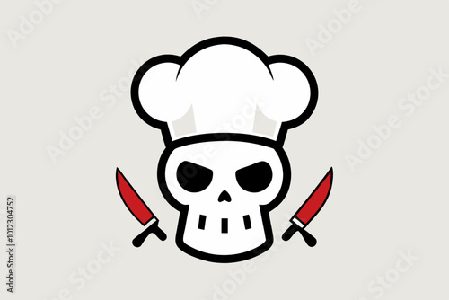 Skull in toque with knifes. Cartoon skull. Chef skull