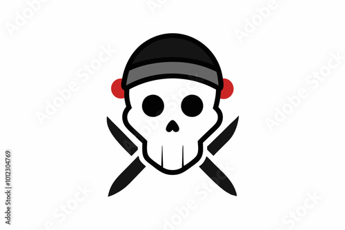 Skull in toque with knifes. Cartoon skull. Chef skull