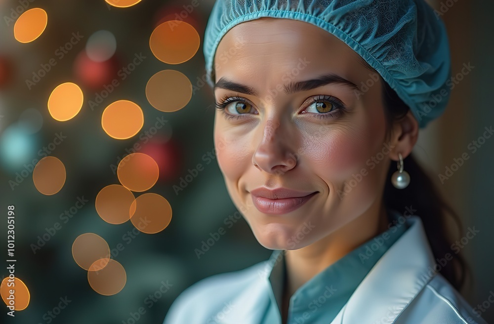 Doctor woman in disposable cap, glasses and white coat. Christmas tree in the background, bokeh Doctor woman in disposable cap, glasses and white coat. Christmas tree in the background, bokeh