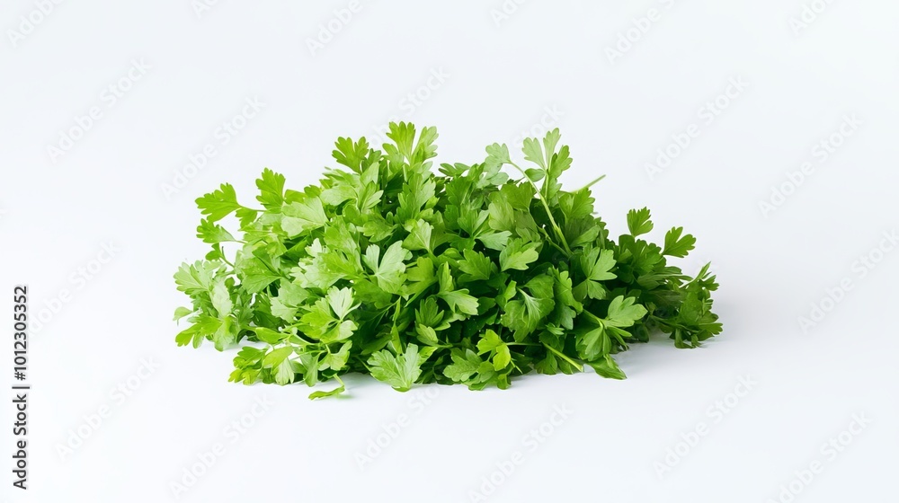 Fresh, vibrant parsley leaves, known for their rich green hue, are elegantly displayed on a pristine white background. Captured in isolation Fresh, vibrant parsley leaves, known for their rich green hue, are elegantly displayed on a pristine white background. Captured in isolation