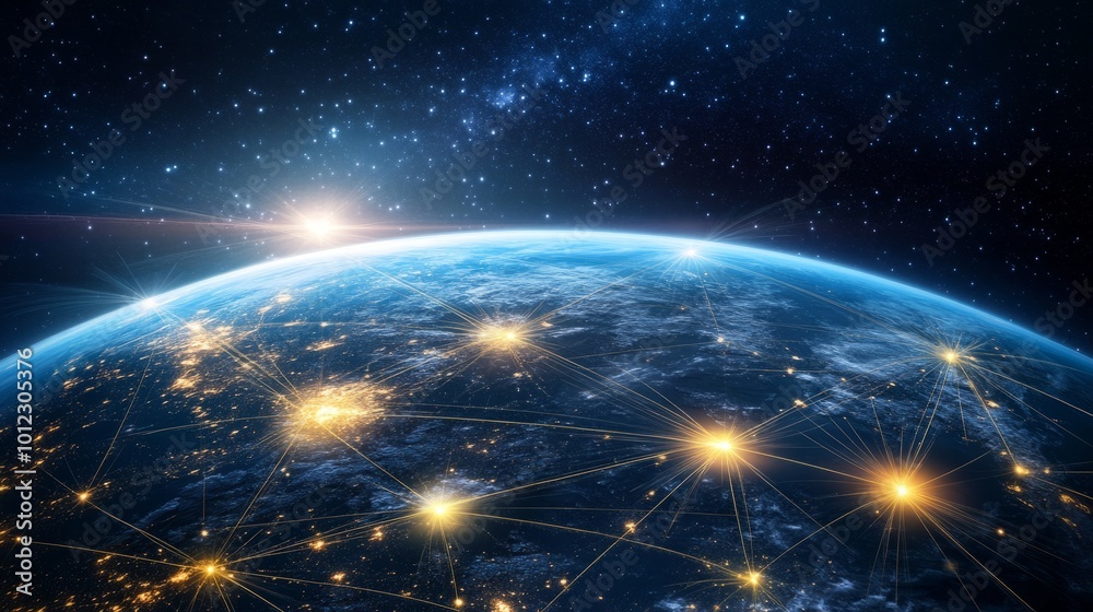 Global view of Earth with network connections, light trails over oceans and continents generative ai Global view of Earth with network connections, light trails over oceans and continents generative ai