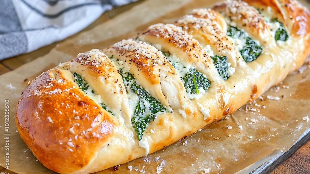 A warm, cheesy spinach and feta stuffed pretzel A warm, cheesy spinach and feta stuffed pretzel