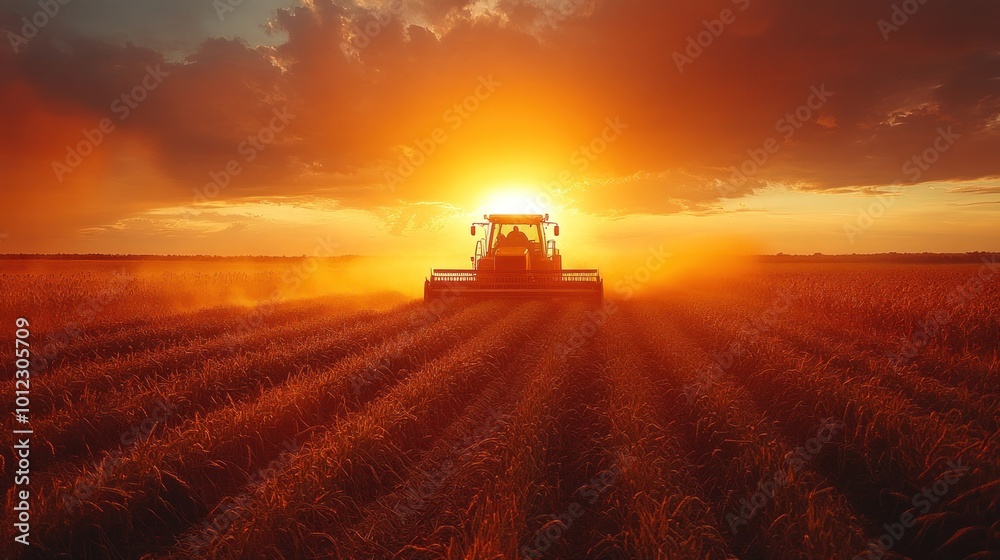 Fototapeta premium A tractor harvesting wheat at sunset, with dust kicking up behind it.