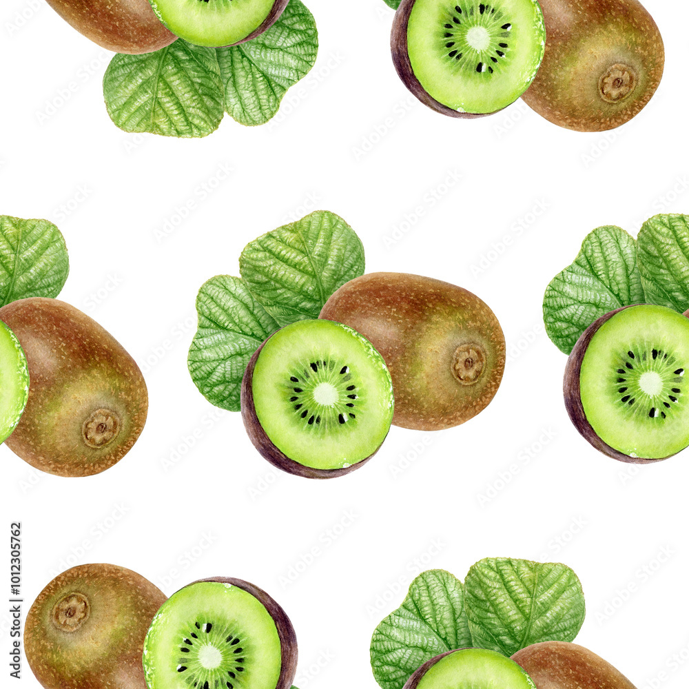 Fototapeta premium Seamless Watercolor Kiwi Fruit Pattern on White Background