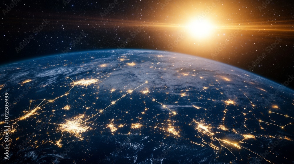 Obraz premium Global view of Earth with network connections, light trails over oceans and continents generative ai