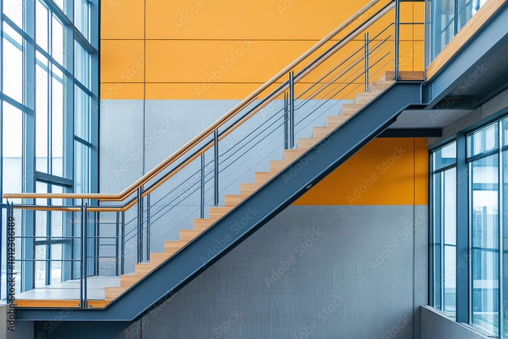 A glass staircase with a wooden railing, generative ai image A glass staircase with a wooden railing, generative ai image