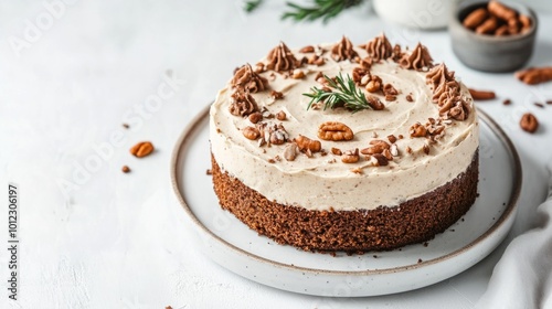 Gluten-free carrot cake with cashew frosting, white background. generative ai