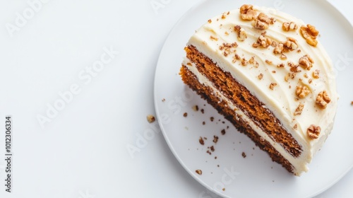 Gluten-free carrot cake with cashew frosting, white background. generative ai