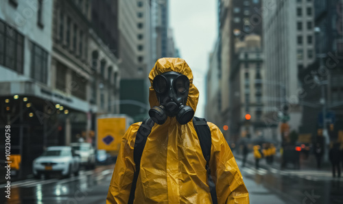 person in yellow hazmat biohazard suit and gas mask stands in middle of city street, surrounded by tall buildings, pollution and toxic protection and isolation in urban environment