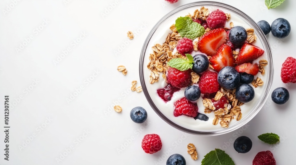 Greek yogurt parfait with granola and mixed berries, white background. generative ai Greek yogurt parfait with granola and mixed berries, white background. generative ai