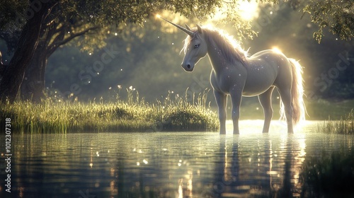 Magical Unicorn in a Sunlit Forest