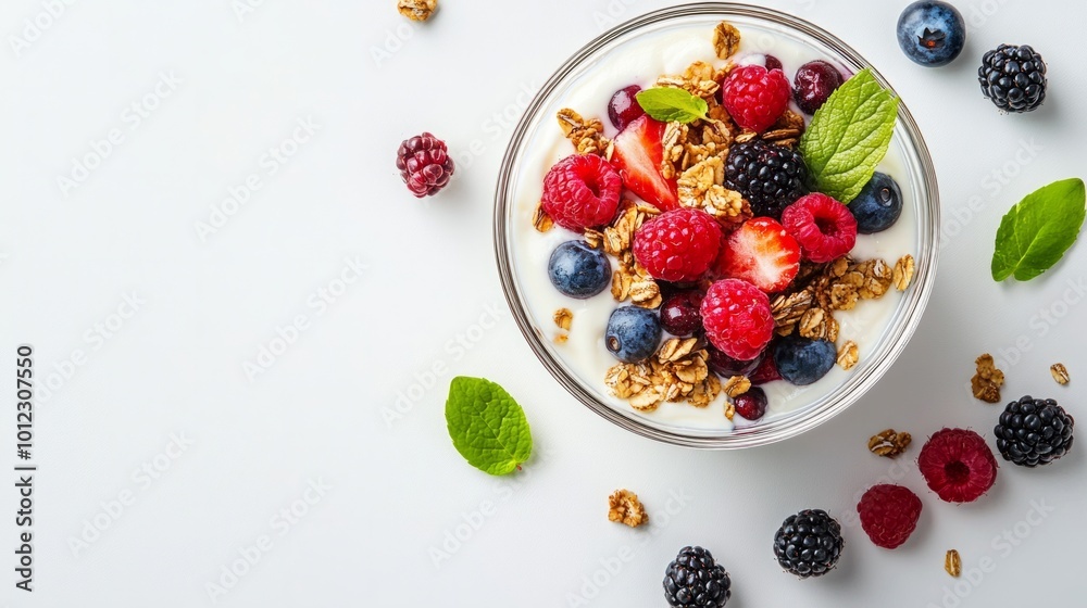 Greek yogurt parfait with granola and mixed berries, white background. generative ai Greek yogurt parfait with granola and mixed berries, white background. generative ai