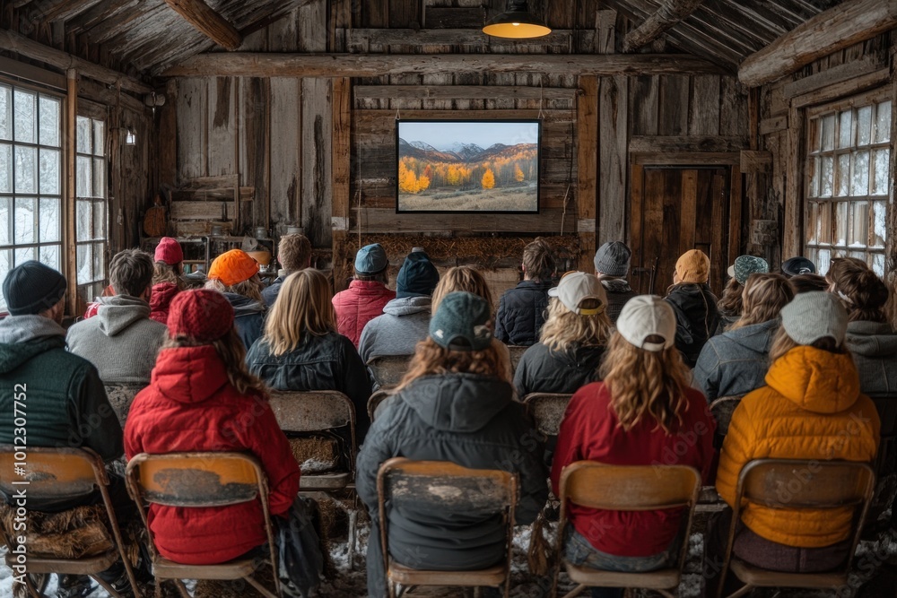 A group of people watch a presentation on a screen in a rustic cabin with wooden walls and a large window. A group of people watch a presentation on a screen in a rustic cabin with wooden walls and a large window.