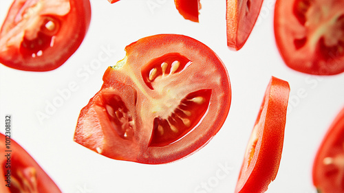 Ultra-sharp, vibrant tomato slices falling through the air against a clean white background, captured in crisp product photography. Each slice appears fresh and juicy, with rich red tones and finely d photo