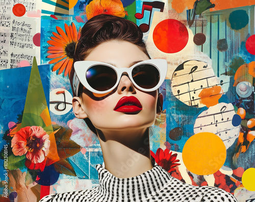 A fashion model with sunglasses and retro hairstyle, surrounded by colorful collage art in the background.