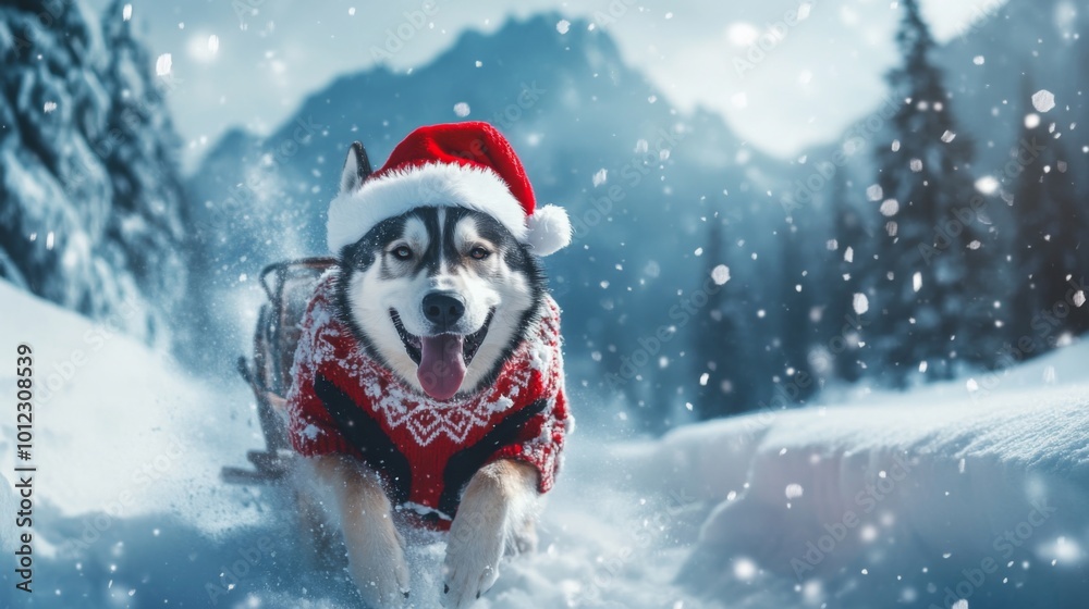 Husky Dog Wearing Santa Hat and Sweater in Snowy Mountains Husky Dog Wearing Santa Hat and Sweater in Snowy Mountains