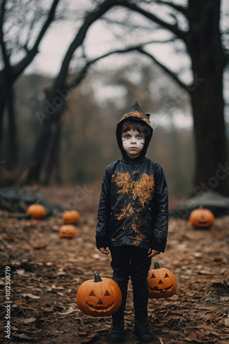 A portrait of a kid dressed up in a scary costume for Halloween surrounded by pumpkins 