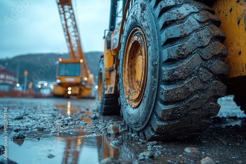Close-up of a muddy tire on a construction vehicle.