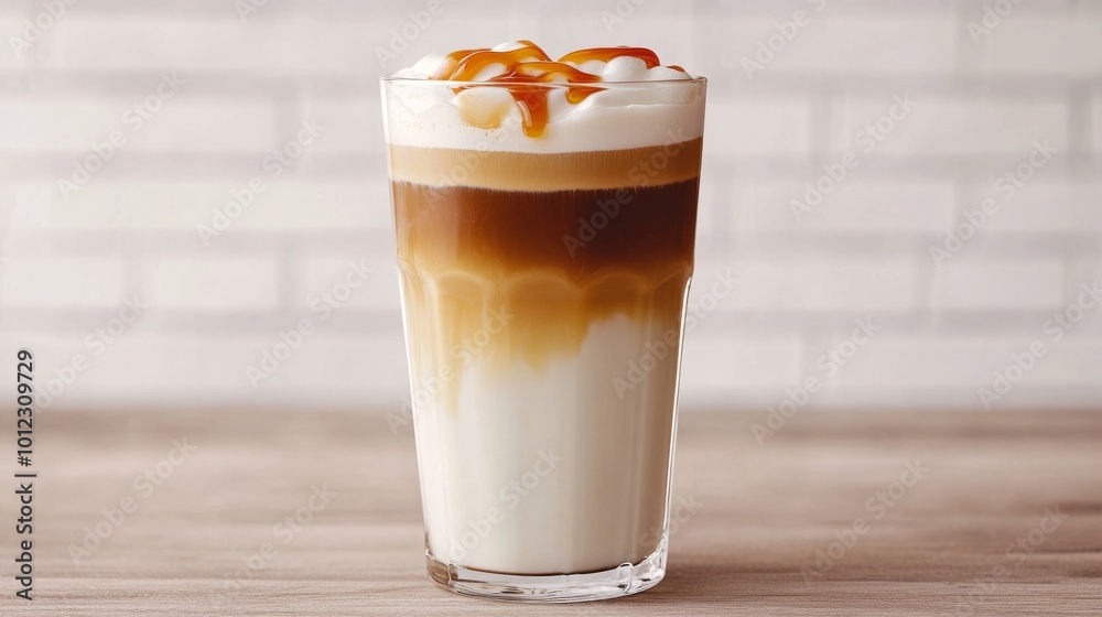 Iced caramel macchiato in a tall glass with milk layers and caramel drizzle generative ai Iced caramel macchiato in a tall glass with milk layers and caramel drizzle generative ai