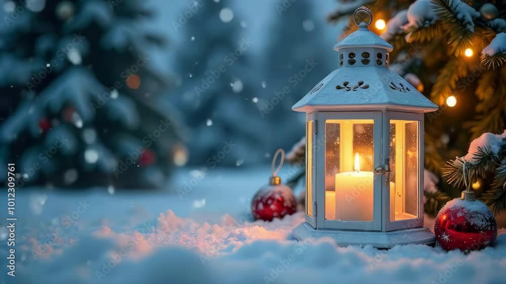 New Year fairy tale magic card with Lantern with burning candle on sparkling glittery snow by Christmas tree at night, atmospheric background with space for text New Year fairy tale magic card with Lantern with burning candle on sparkling glittery snow by Christmas tree at night, atmospheric background with space for text