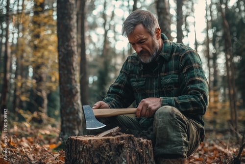 Lumberjack Sharpening His Axe
