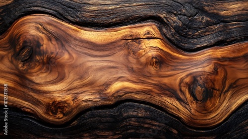 Close-up of a rich brown and black wood grain with intricate swirls and knots.