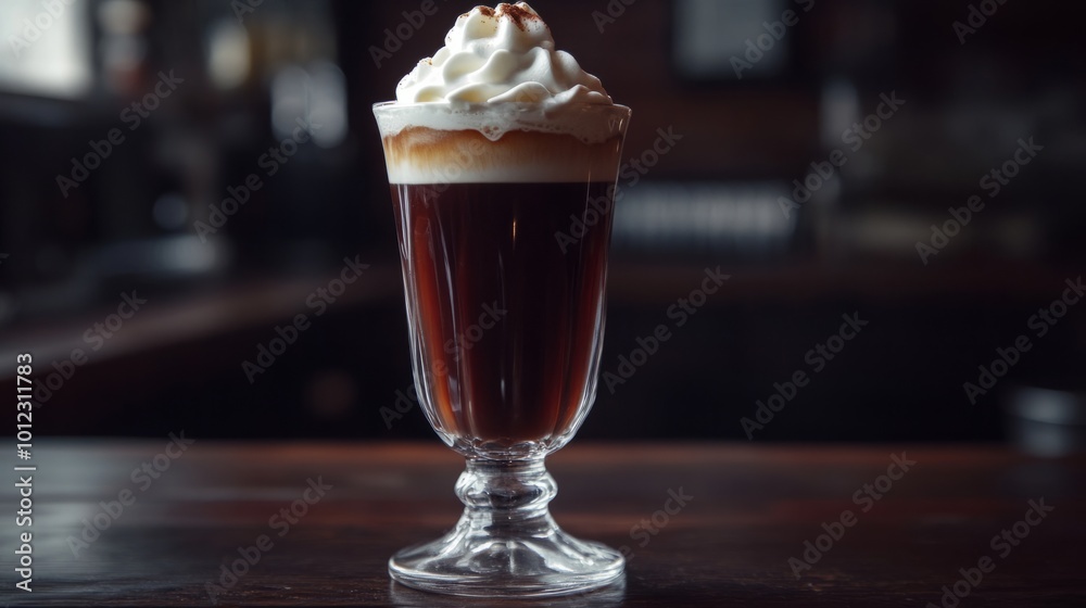 Irish coffee with whipped cream and a hint of whiskey, served in a tall glass generative ai Irish coffee with whipped cream and a hint of whiskey, served in a tall glass generative ai