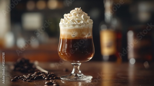 Irish coffee with whipped cream and a hint of whiskey, served in a tall glass generative ai