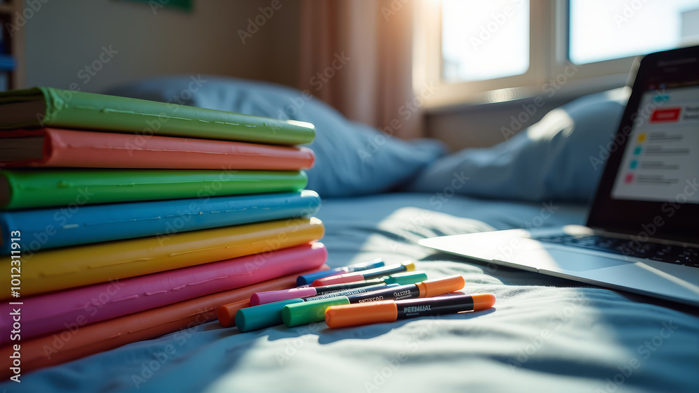 Study scene with laptop with screen showing online lecture, stack of colorful books, notebooks with pens and highlighters scattered around on university dorm room bed with soft day light from window. Study scene with laptop with screen showing online lecture, stack of colorful books, notebooks with pens and highlighters scattered around on university dorm room bed with soft day light from window.