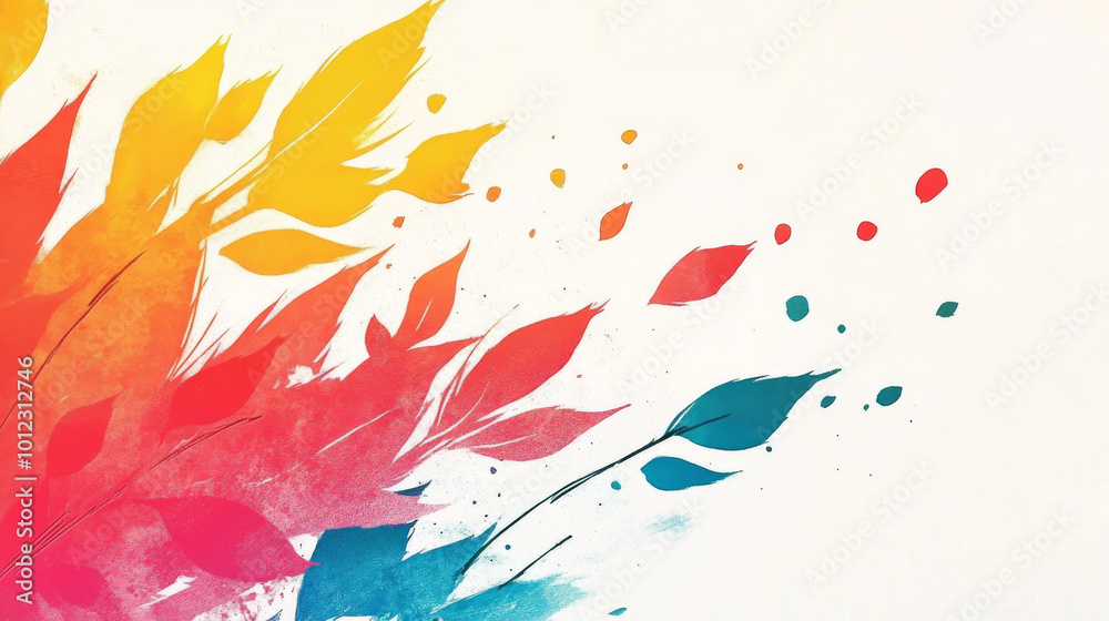 Colorful abstract design with blue, red, and yellow leaves on a white background. Colorful abstract design with blue, red, and yellow leaves on a white background.