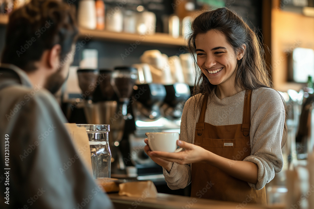 A woman in a brown apron is smiling as she hands a cup of coffee to a man A woman in a brown apron is smiling as she hands a cup of coffee to a man