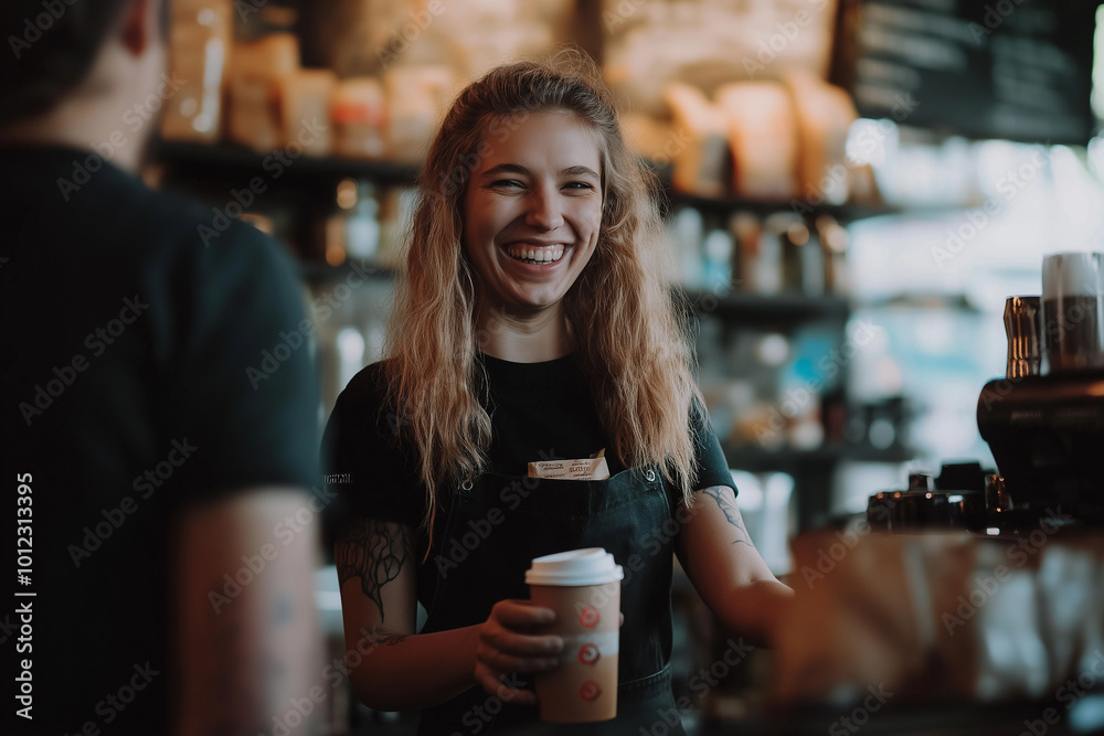 A woman in a black shirt is smiling and holding a coffee cup A woman in a black shirt is smiling and holding a coffee cup